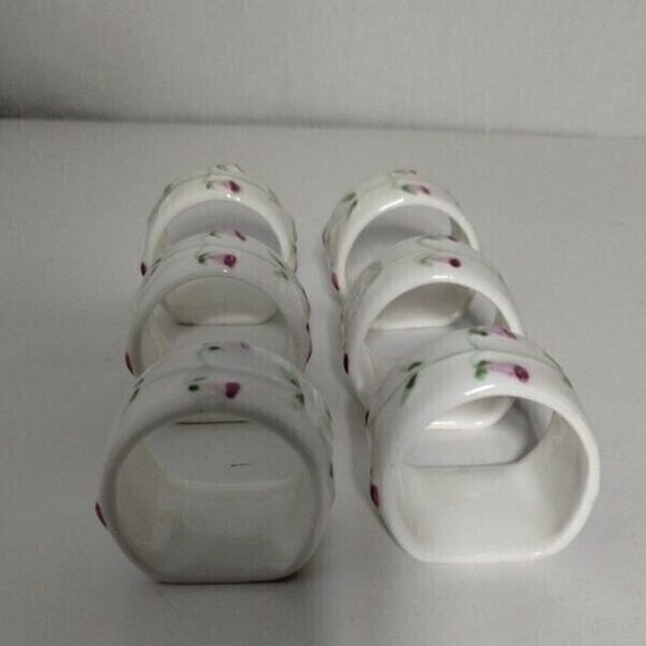 Vintage Floral Ceramic Napkin Rings Set of 6 - White with Pink Rose Pattern - Picture 4 of 9